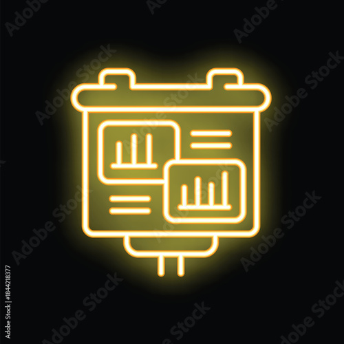Bright yellow neon icon of a business presentation flip chart glowing against a dark background