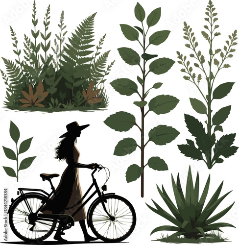 Create a kinds of deferent realistic Backlit woman with a dress and a hat walking with a city bike vector art white background.