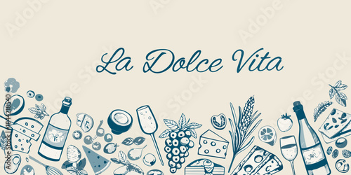 La dolce vita artistic illustration with food wine and celebratory elements