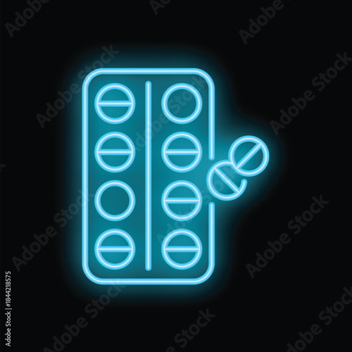 Neon sign depicting a blister pack of pills falling out, glowing blue against a black background