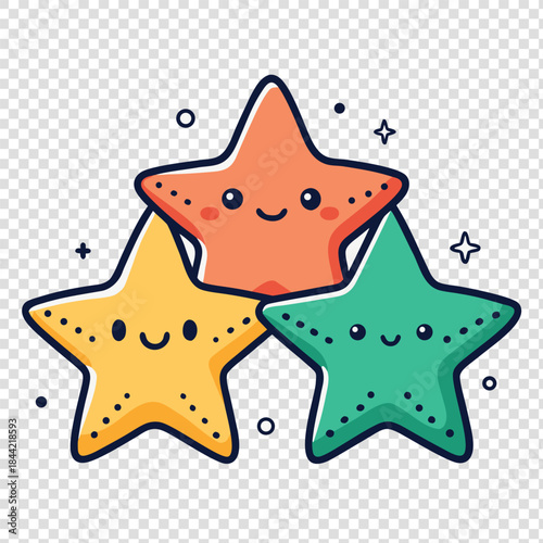 Three charming cartoon starfish characters with joyful expressions and shimmering sparkles set against a delightful ocean background perfect for banners and advertisements