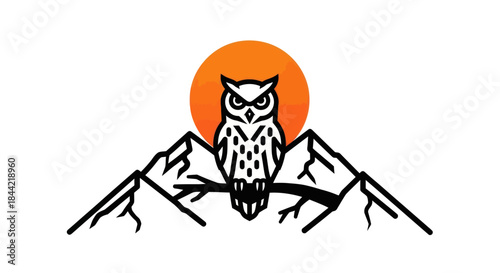 Owl perched on branch against mountain range and sunset vector illustration