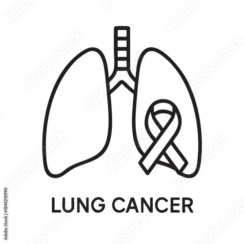 A simple line drawing depicting human lungs with a grey awareness ribbon for lung cancer support
