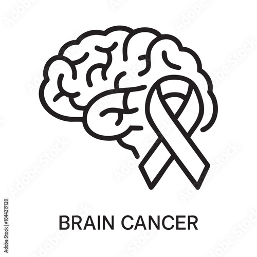 A simple black and white line drawing depicts a human brain with a ribbon symbolizing awareness for brain cancer