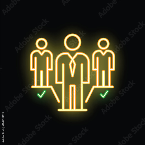 Yellow neon icon of a businessman standing on a podium with a green check mark, symbolizing a successful job interview