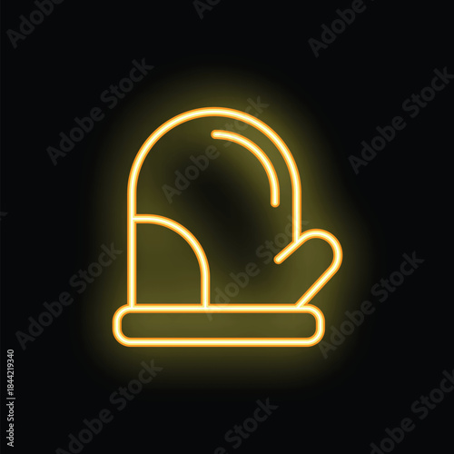 Yellow neon sign of an oven mitt glowing on a black background