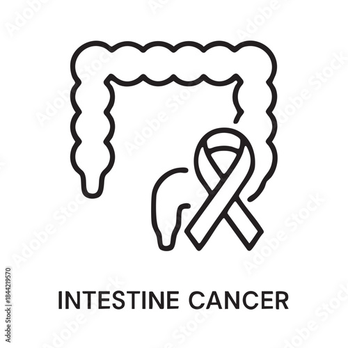 A simple line drawing depicts an intestine alongside a ribbon symbolizing awareness for intestinal cancer conditions