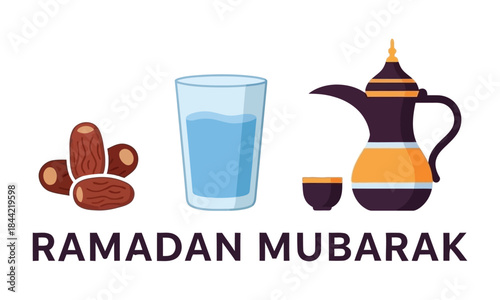 Ramadan iftar essentials featuring dates, water, and traditional arabic coffee