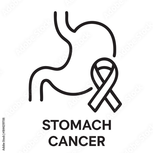 Awareness ribbon encircles a stylized stomach illustration highlighting the importance of stomach cancer research and support