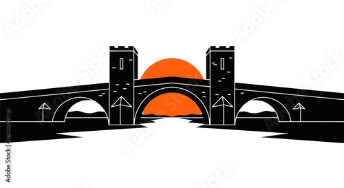 Silhouette of a bridge with towers and a setting sun vector illustration