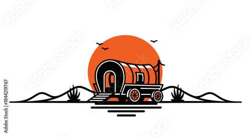 Silhouette of a covered wagon against a sunset and landscape