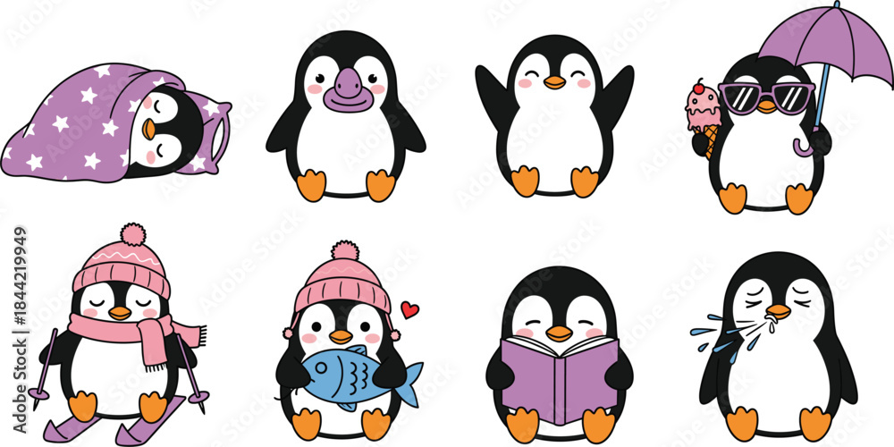Naklejka premium Cute Penguin Cartoon Character Set Showing Funny Winter, Summer and Daily Activities for Kids and Kawaii Designs