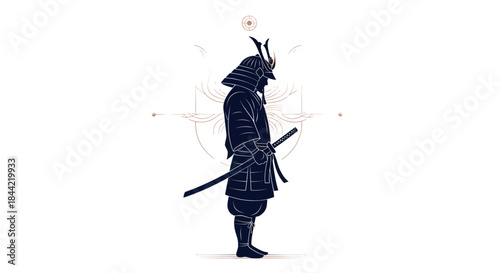 Silhouette of a samurai warrior with sword and helmet on white background