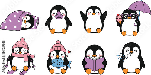 Cute Penguin Cartoon Character Set Showing Funny Winter, Summer and Daily Activities for Kids and Kawaii Designs