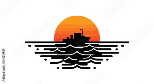 Silhouette of a ship against a sunset reflecting on the ocean vector illustration