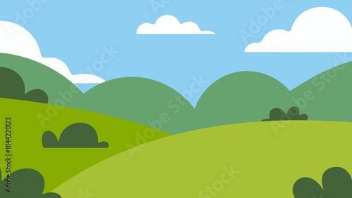 a cartoon of a green field with trees and hills