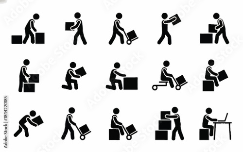 Various people moving boxes in different actions and postures around office space