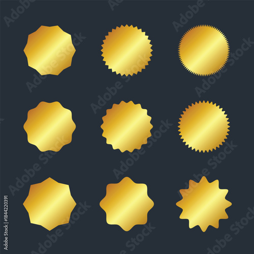 Circle sticker set. Wavy edge promo gold badges. Star burst shape tags for price. Blank sale stickers. Simple silhouette. Flat vintage labels. 