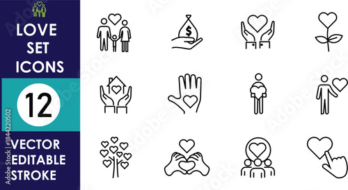 Minimal line icon set illustrating self love, care, support, kindness, relationships, and personal growth concepts, featuring editable stroke vector symbols on clean white background