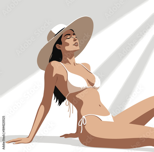 Create a realistic Backlit woman in a bikini and wearing a hat sunbathing vector art white background.