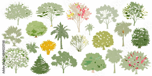 A collection of various stylized trees and plants top and side views