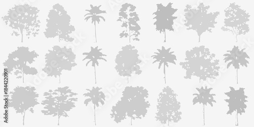 A collection of various tree silhouettes in shades of gray