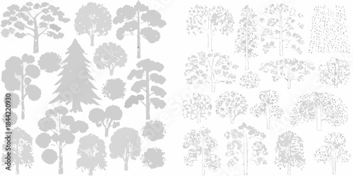 Collection of grayscale tree silhouettes depicting various shapes and sizes