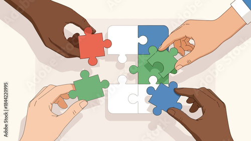 Diverse Hands Collaborating to Assemble Colorful Puzzle Pieces Together