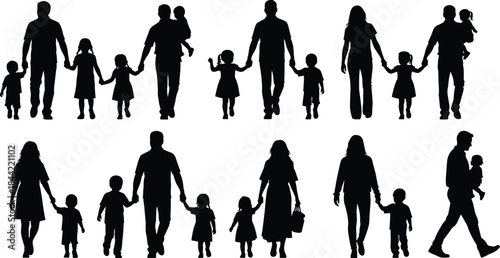Collection of Walking Family Silhouettes Representing Parenthood, Childhood, Love, Togetherness, Relationship, Vector Illustration, People Group, and Generations Lifestyle