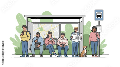 Diverse People and Dog Waiting at Bus Stop with Map and Bus Sign