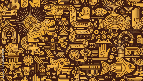 Intricate Golden Mayan-Inspired Art with Mythological Creatures and Symbols on a Dark Brown Background.