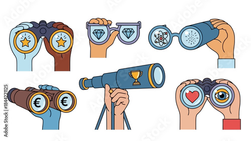 Diverse Hands Holding Binoculars, Telescope, and Glasses with Symbols for Success and Vision