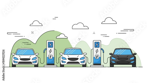 Modern Electric Cars Charging at Stations with Green Hills and Clouds Background