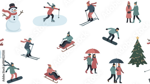 Winter Activities and Snowman Seamless Pattern Vector Illustration