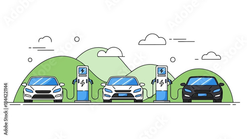 Electric Cars Charging at Stations with Green Hills and Clouds Background