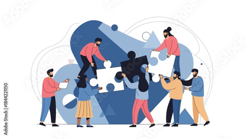 A diverse group of people collaborating to assemble a large jigsaw puzzle, symbolizing teamwork and problem-solving in a modern, abstract setting.