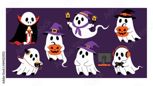 Cute Halloween Ghosts and Vampire Character Collection, Vector Art