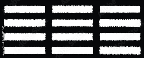 Set of rough white brush stroke textures on a black background, featuring bold paint streaks in various shapes. Grunge-style strokes ideal for design accents, overlays, and artistic .
