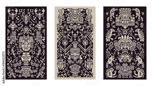 Ancient Mayan Glyphs and Faces in a Decorative Ethnic Pattern Collection