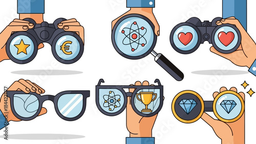 Collection of Hands Holding Optical Devices with Various Icons and Symbols