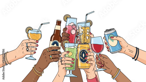 Diverse Hands Clinking Glasses and Bottles in a Joyful Toast Celebration