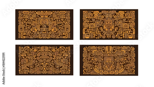 Set of 4 Mayan Style Ornate Ornate Patterns in Ochre and Dark Brown