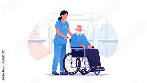 Nurse Pushing Elderly Man in Wheelchair Down Hospital Corridor Vector Art