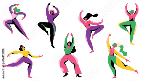 Diverse Group of Women Dancing Joyfully in Vibrant, Abstract Artistic Style