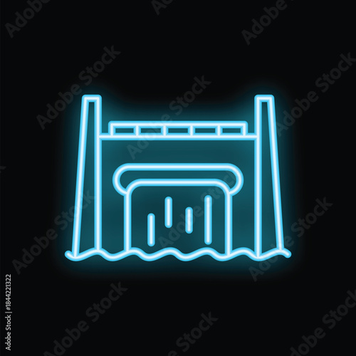 Blue glowing neon line hydroelectric dam icon isolated on black background. Water energy plant. Hydropower. Renewable power source