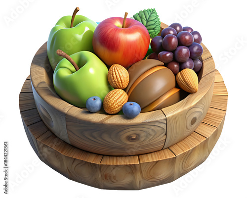 fruits and nuts in a rustic wooden bowl ,isolated on transparent png 3d style
