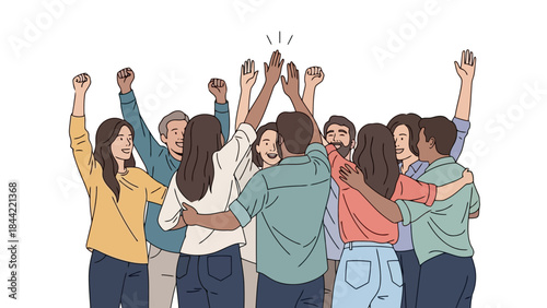 Diverse Group of People Celebrating Together with Raised Hands and High Fives