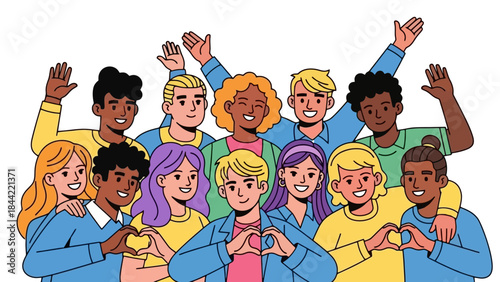 Diverse Group of Young Friends Waving and Making Heart Shape Symbol