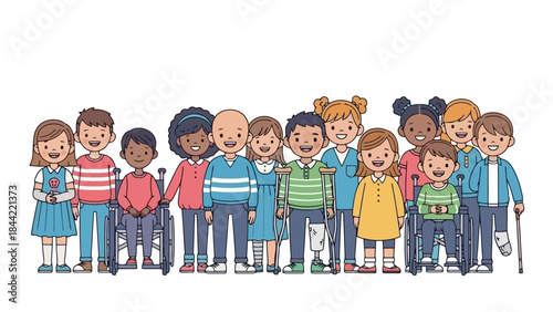 Diverse Group of Children with Disabilities and Medical Aids Standing Together