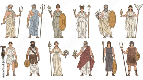 Vintage Style Vector Illustration of Twelve Olympian Gods and Goddesses